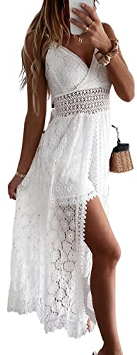 CUPSHE Summer Women Slip Ruching Smocking Jumpsuit Dress V Neck Speghetti Straps Backless Maxi High Low White M