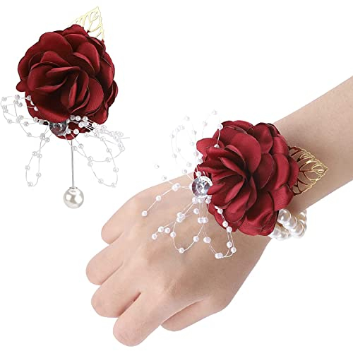 TSKDKIT Rose Boutonniere Hochzeit Ansteckblumen und Handgelenk Blume Rot Boutonniere und Handgelenk Blume für Braut Brautjungfer Gäste Herren Damen Party