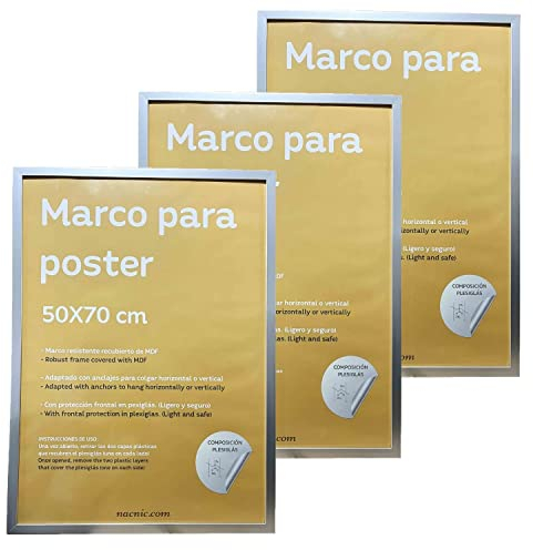 Nacnic - Confezione da 3 Cornici - Legno MDF Tono Argentato e Vetro Acrilico - Extra Large 50 x 70 cm - Fotografia, Stampe, Decorazione da Parete per Soggiorno e Camera da Letto...