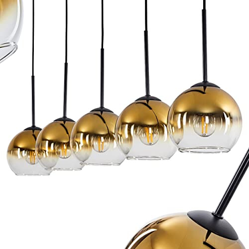 HOFSTEIN Hängeleuchte Koyoto, 5-flammige Hängelampe aus Metall/Glas in Schwarz/Goldfarben/Klar, moderne Pendelleuchte im Retro/Vintage-Design, Ø Schirme 15 cm, E27, Esszimmer, Küche, Wohnzimmer