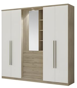 Vente-unique Armario ISAK II ñ 4 Puertas ñ Espejo y cajones ñ 240 cm ñ Roble y Marfil