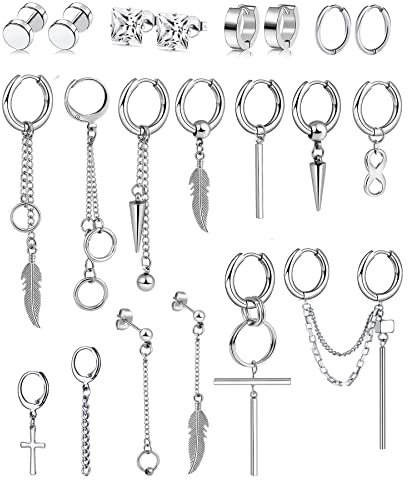 21 Stück Herren Ohrringe Edelstahl Creolen Kreuz Feder Anhänger Ohrringe Set Ohrstecker für Männer Frauen Cool Kpop Ohrringe Set Silber