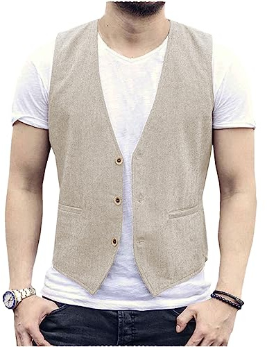 AeoTeokey Gilet d'été en lin pour homme Gilet de costume Gilet décontracté Coupe droite, beige, 3XL