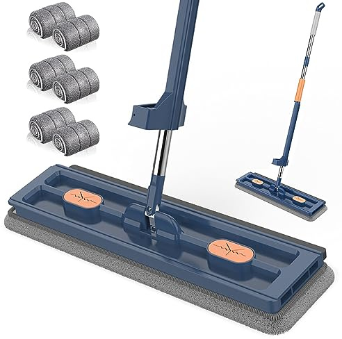 2023 Nouvelle Grande Vadrouille Plate Super Absorbante, Ensemble De Vadrouille Pivotante À 360 °, Vadrouille Plate Avec Tampons De Nettoyage En Microfibre Réutilisables (Bleu + 6 Tampons)