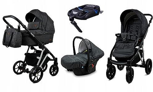 BabyLux® Kinderwagen Set 4 in 1 - Marlux Magnetic - incl. Babywanne, Buggy Sportsitz, Auto-Babyschale, ISOFIX-Basisstation - Autositz - Kinderwagenset - Kombikinderwagen mit Wickeltasche usw.