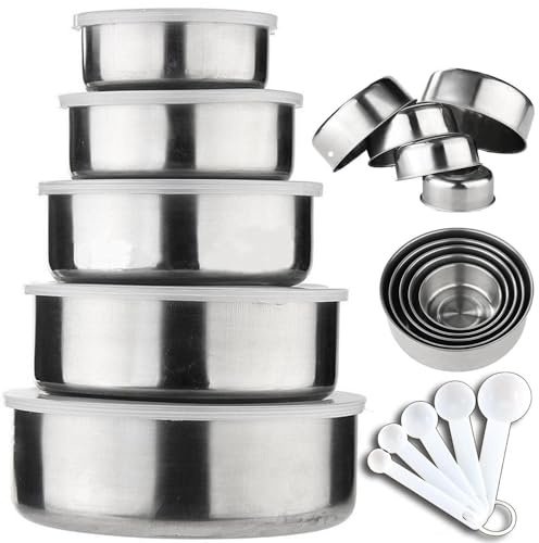 True Face Bowl Set 5 Pcs Stainless Steel Mixing Bowl Food Storage Bowls with 5 Lids Set Cover Nesting Bowls with Lids