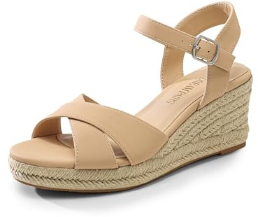 DREAM PAIRS Espadrille Dressy Wedge Sandals, Women's Platform Sandals Casual Summer, Comfortable High Heeled Wedges with Adjustable Buckle,Size 10,Nude-Nubuck,SDPW2408W