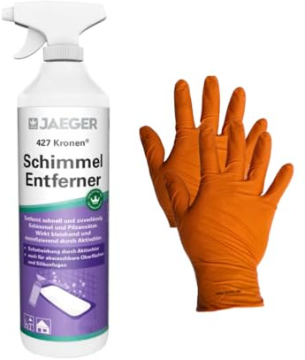 Jaeger Kronen Schimmel-Entferner 427 Spray, 1 Liter | Sofortige Schimmelbekämpfung, Fleckenentfernung, Aktivchlor, Nitrilhandschuhe