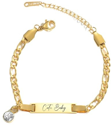 JewelryWe Personligt armband för barn, figurkedja: guld, rostfritt stål, zirkon, högglans, polerad, Figaro, kedja, barnarmband, babyarmband, armkedja med gravyr för pojke, flicka, baby, Zirconium