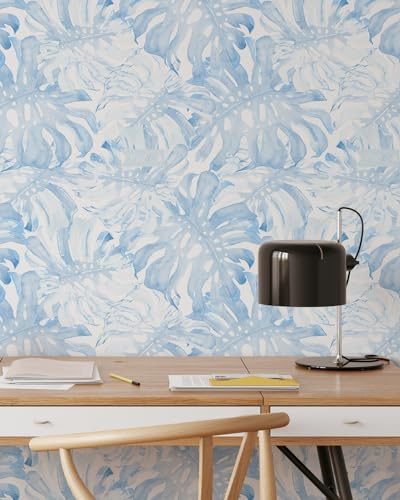 Coloritto Blue Tropical Wallpaper | Removable Self Adhesive Tropical Wallpaper | Modern Watercolor Peel and Stick Wallpaper (Sample 12 W x 8 H)