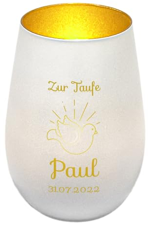 Windlicht mit Gravur zur Taufe | Weiß/Gold | Motiv Taube | Geschenk zur Taufe Junge Mädchen | Tischdeko und Taufgeschenk personalisiert | Kerzenhalter | Teelichtglas | Teelichthalter