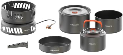 Fire-Maple Camping Cooking Kits with Gas Stove Outdoor Cookware Set with Pot Pan Frypan Kettle Gripper Kitchen Utensils for 2 to 3 People Trekking Hiking Fishing Backpacking | Aluminum Alloy & Stainless Steel, 3000W High-Power Output, Fuel Consumption: 215g/h, Weight: 2.9lbs