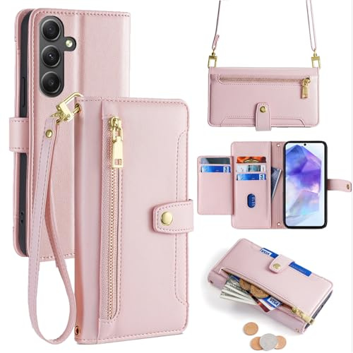 Handykette kompatibel mit Samsung Galaxy A55 | Leder Handyhülle mit Kartenfächern | Handyhülle zum Umhängen | Rosa