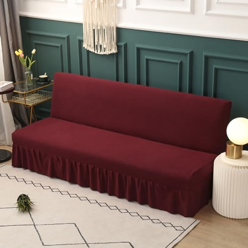 Sofabezug Ohne Armlehnen Beige/Grau 3/2 Sitzer Bettcouch Schonbezug Schutzhülle Rutschfest Stretch Futon-Sofa-Sitzbezüge Faltbar Schlafsofa Sofabettüberzug Ohne Armlehne mit Rock (150-190cm,Red)