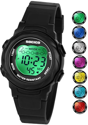 SOCICO Kids Digital Watches for Girls Boys, 7 Color Lights, 5 ATM Waterproof Watches for Kids with Alarm Stopwatch, Soft Band Wrist Watch Christmas Gifts for Child Ages 5-12 (Black)