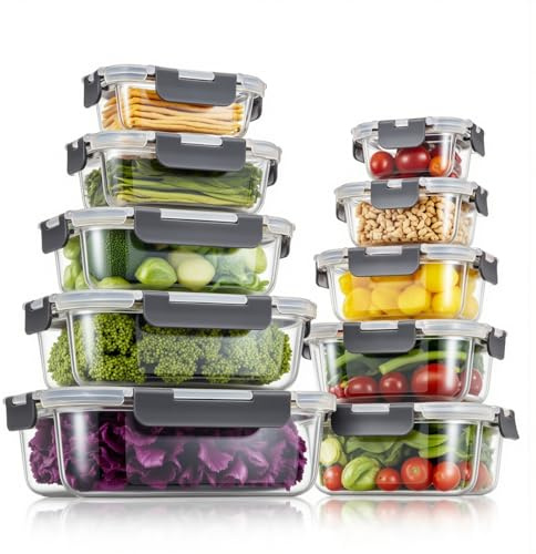 Glass Food Storage Containers with Lids, Meal Prep Containers, Airtight Lunch Containers Bento Boxes with Snap Locking Lids, for Microwave, Oven, Freezer and Dishwasher