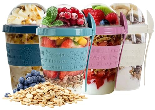 SAFRI 600ml Over Night Oats Container Reusable Yogurt Cups 100% BPA Free Breakfast On The Go Cereal Yogurt Pot with Lids and Spoon (Set 4)