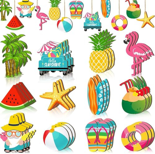Bogoro 36 Stück Baumschmuck Sommer,Sommer Strand Holzanhänger,Hawaii Deko Holz,Hawai Holz Geschenkanhänger,Somme Baum Hängende Holzscheiben für Somme Hawaii Tropische Party