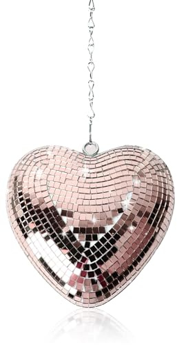 Sfera a Specchio a Forma di Cuore, Ornamento a Sfera a Specchio Riflettente Decorazione a Sfera da Discoteca con Catena a Gancio per Bar KTV per Feste (Oro rosa)