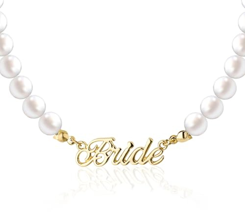 Bride Pearl Beaded Necklace with Extension Chain, Adjustable Pearl Strand Necklace Wedding Gifts Bride Gold Nameplate Attractive Bride Pearl Jewelry Favors for Bridal Shower Party Decorations