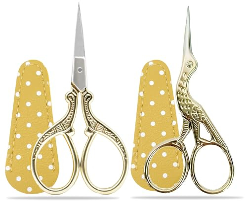 Gold Stainless Steel Embroidery Scissors, 2PCS Small Craft Scissors for Sewing, Needlework & Handicraft with Fake Leather Cover