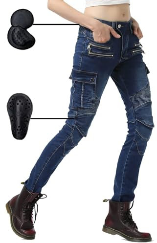 AIMENJOY Jeans da Moto da Donna, Pantaloni da Moto Elastici Sottili da Donna, con Armature CE Rimovibili per Anca e Ginocchio, Pantaloni da Moto da Corsa (Blue,L)