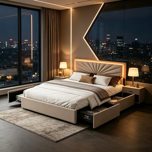 LIVLUX Lit 140x200 avec Sommier LED,Lit Double rembourré avec 4 tiroirs et réglable Tête de lit,Cadre de lit avec Rangement pour Adultes et Adolescents (Beige, 140 x 200 cm)