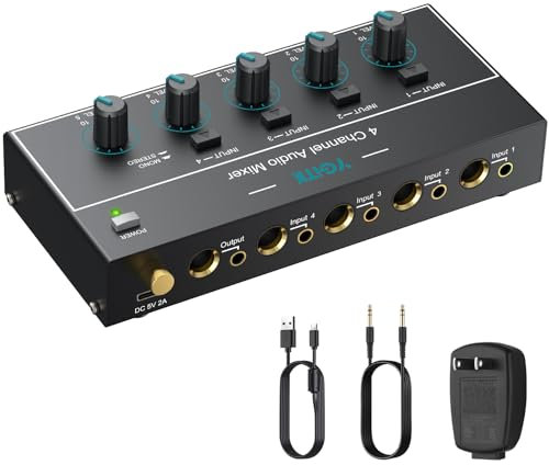 YGiTK Mixer Audio 4 Canali Compatto con Interfaccia 6.35mm/3.5mm, Controllo Volume Indipendente e Alimentazione USB-C - Per Home Studio, Live Bar e DJ Portatile