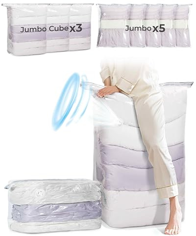 BAGSMART Vacuum Storage Bags 80% Space Saved,5 Jumbo 3 Cube Jumbo Reusable Zip Seal Compression Bags for Clothes Duvets Quilts Bedding Pillows (8 Combo, No Pump Included)