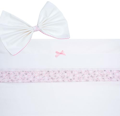 Filet - 3-teiliges Set für Kinderwagen, Leznuolo personalisierbar mit Band aus Aida-Stoff zum Besticken + Spannbettlaken mit Gummibändern + Kissenbezug, hergestellt in Italien, Weiß und Rosa