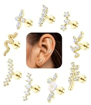 Morfetto Helix Piercings Chirurgenstahl Piercing Ohr Gold - 9Pcs 16G 18G Tragus Conch Helix Piercing Chirurgenstahl Ohrringe Gold Stecker Ohrpiercing Silber CZ Blume Flat Tragus Conch Piercings Set