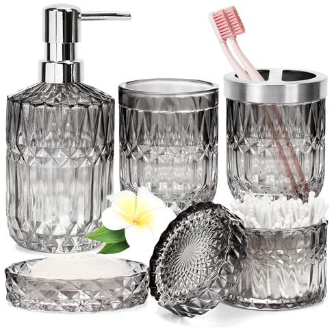 5-teiliges Badezimmer-Set, Glas Badezimmerzubehör, Moderne Seifenspender Set, Seifenschale, Zahnbürstenhalter, Wattestäbchen Kanister, Becher (Farbverlauf Schwarz)