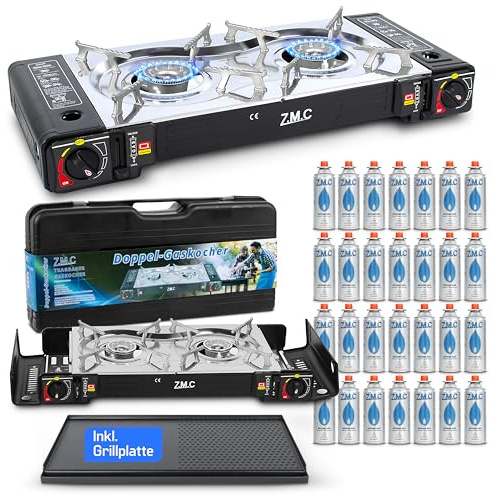 ZMC Camping gasspis 2 lampor 2,5 KW effekt, inkl. adapter för LPG-anslutning grillplatta 45 x 24 cm 28 gaspatroner 227 g förvaringsväska, campingkök komplett set med piezotändning