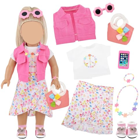 18 Inch Girl American Doll Clothes and Accessories 9 Pcs 18 Inch Doll Clothes Set Include Vast T-Shirt Skirt Shoes Glasses Phone Handbag Necklace Bracelet Birthday for Girls (No Doll)