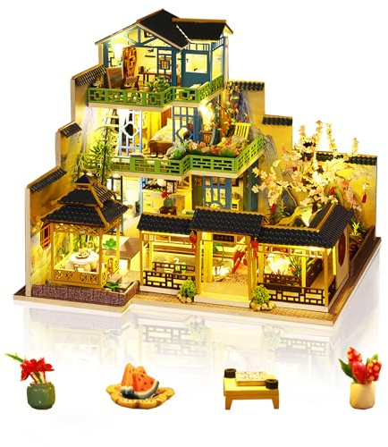 Cuteefun DIY Miniatur Puppenhaus Kit, Puppenhaus Holz Modellbausätze mit LED-Licht, für Erwachsene und Jugendliche, Bauen Sie Ihr eigenes Traumhaus Modell (Grüner Frühlingshof)
