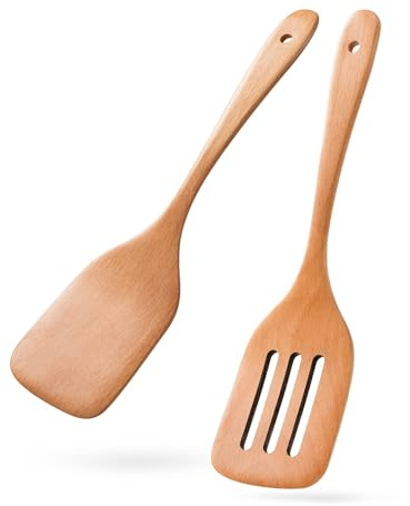 Hefild 2PCS Wooden Spatulas for Cooking, 12 inch Wood Spatulas Set with Flat Wood Spatula & Slotted Spatula – Beech Cooking Utensils for Nonstick Pans – Wooden Spoons for Cooking