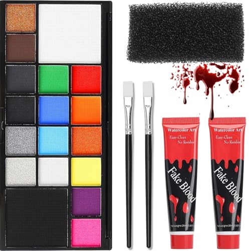Set di trucchi per bambini Halloween 16 colori, set di trucchi a base d'acqua con spugne, pennello, sangue finto e 2 pennelli, trucchie Halloween, trucchis viso, vampiri,carnevale, trucchie teatrali