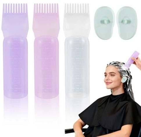 5 Stück Haaröl Applikator Set, 180ml Hair Oil Applicator Bottle mit Abgestufter Skala, Silikon Ohrabdeckung und Friseurumhang für Hair Oiling Haar Colorationen (Wiederverwendbar)