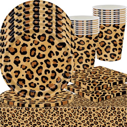 Decorazioni Compleanno Ghepardo , Set da 61 Pezzi, Incl 20 Tazze, 20 Piatti, 20 Tovaglioli e 1 Tovaglia, Tema Leopardato, Per 20 Ospiti, Riutilizzabile (marrone)