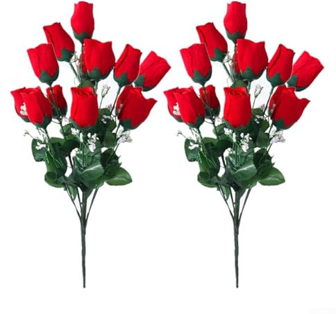 Pumixiy Rose artificiali rosse per tombe – Confezione da 2 mazzi di fiori in seta resistenti alle intemperie, 43 cm, decorazione floreale simulata a bassa manutenzione per commemorazioni all'aperto