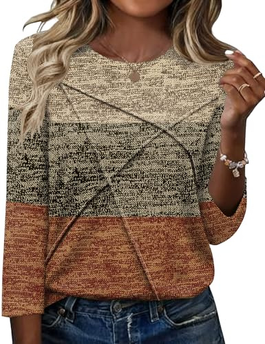 Kistore Womens Blouses 3/4 Length Sleeve Crew-Neck Tunic Summer Casual Ladies Basic Business T Shirts 2026 Size 10-12 Caramel