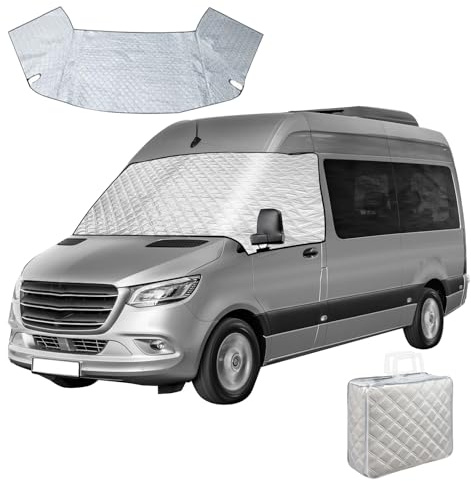 Frontscheibenabdeckung für Mercedes Sprinter 2019-2025, 2-lagige Baumwolle mit Bodenmagnet, wasserdichte Auto-Windschutzscheibenabdeckung Frontscheibe Sonnenschutz Frost Schneeschutz