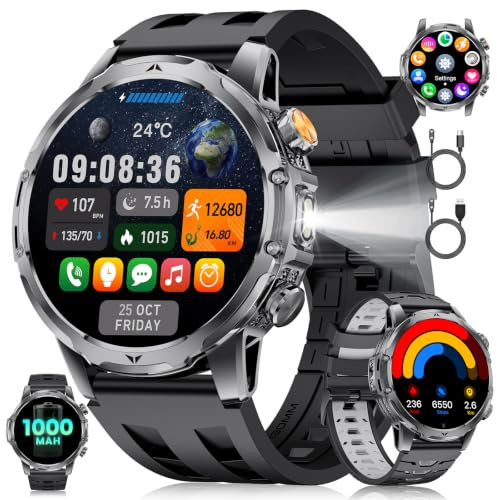 Smartwatch Herren mit 1000mAh Akku für Android iOS, 1,53 HD Großes Touchscreen Militär Smart Watch mit 24H Herzfrequenz/110 Sportmodi, IP68 Wasserdicht Taschenlampe Fitnessuhr, Anthrazit