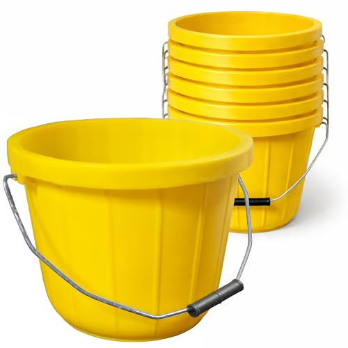 Yellow Plastic Calf Feed Buckets Heavy Duty with Metal Handle - 2 Gallon 10L Bucket - 10 Pack