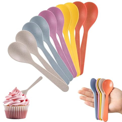 10 Pcs Colorful Plastic Spoons, Small Reusable Tea Spoon Short Handled | Wheat Straw Material, BPA Free Length 14cm, Spoon Head 3.3cm for Cheese Rice Soup Sundae Ice Cream Dessert Espresso