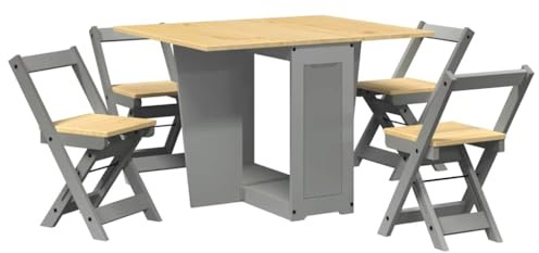 Augerlite Set da pranzo Corona, 5 pezzi, con farfalla, in legno di pino grigio, allungabile, pieghevole, con 4 sedie, salvaspazio, per sala da pranzo, soggiorno, piccolo gruppo da pranzo, versatile e