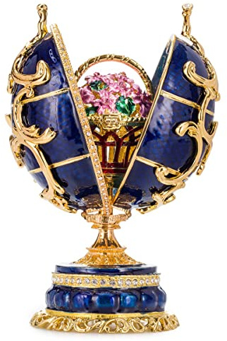 danila-souvenirs Fabergé-Stil Ei Spieluhr Schmuckkästchen Frühlingsblumen mit Korb der Blumen 16,5 cm blau