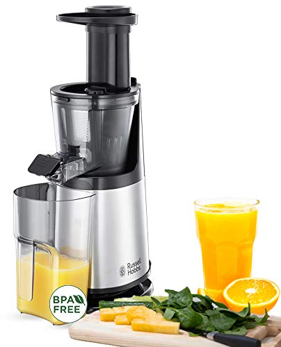 Russell Hobbs Licuadora Slow Juicer - Extractor de Zumos, 2 Coladores Fino y Grueso, Colador para Granizados, Jarra de Zumo, Depósito de Pulpa, Piezas Lavables en Lavavajillas, Plata - 25170-56