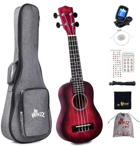 Winzz Ukulele Soprano 21 Pollici - Kit per Bambini, Adulti e Principianti - Rosso Unico Con 8 Accessori: Accordatore, Custodia, Tracolla, Corde