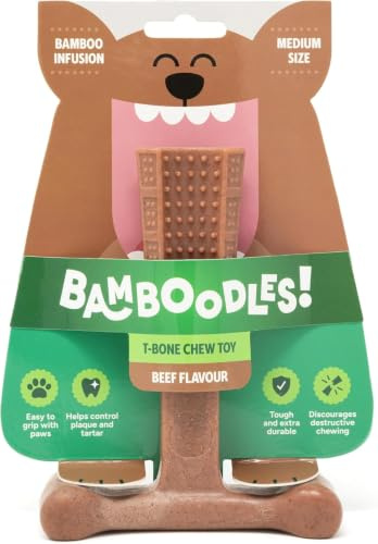 Bamboodles T-Bone Kauspielzeug – Mittel | Rind | Langlebig | Langlebiges T-Bone Kauspielzeug aus Bambusfaser und Nylon, Rind-Geschmack, für Mittelgroße Hunde.